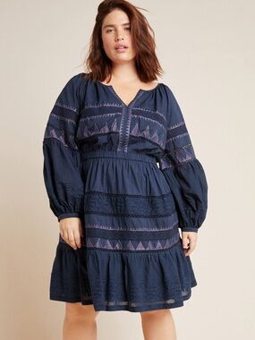 Anthropologie Skye Embroidered Mini Dress 2X Rare Navy Cotton Boho Cottagecore